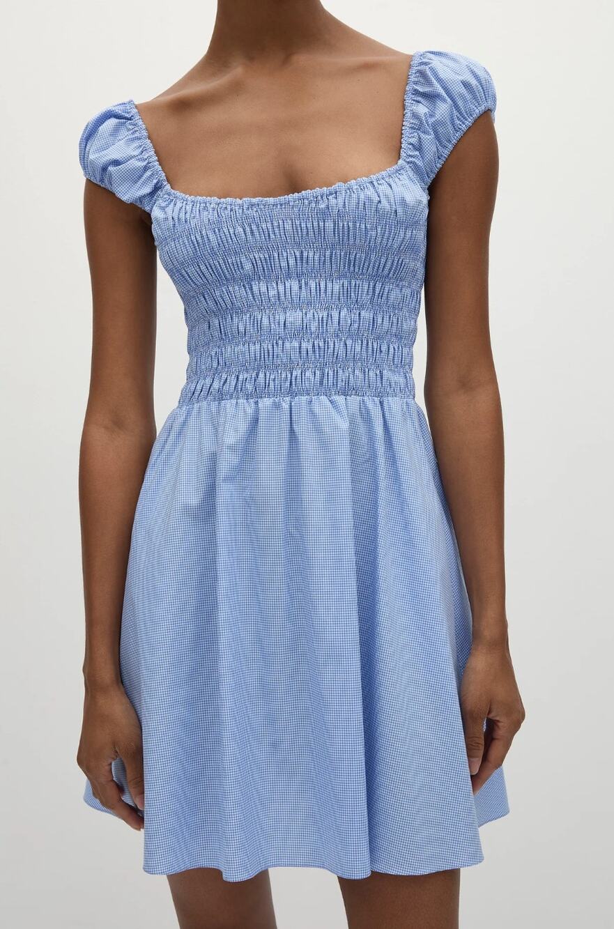 Faithfull Lene Blue Micro Gingham Cap Sleeve Smocked Mini Dress Size US 8